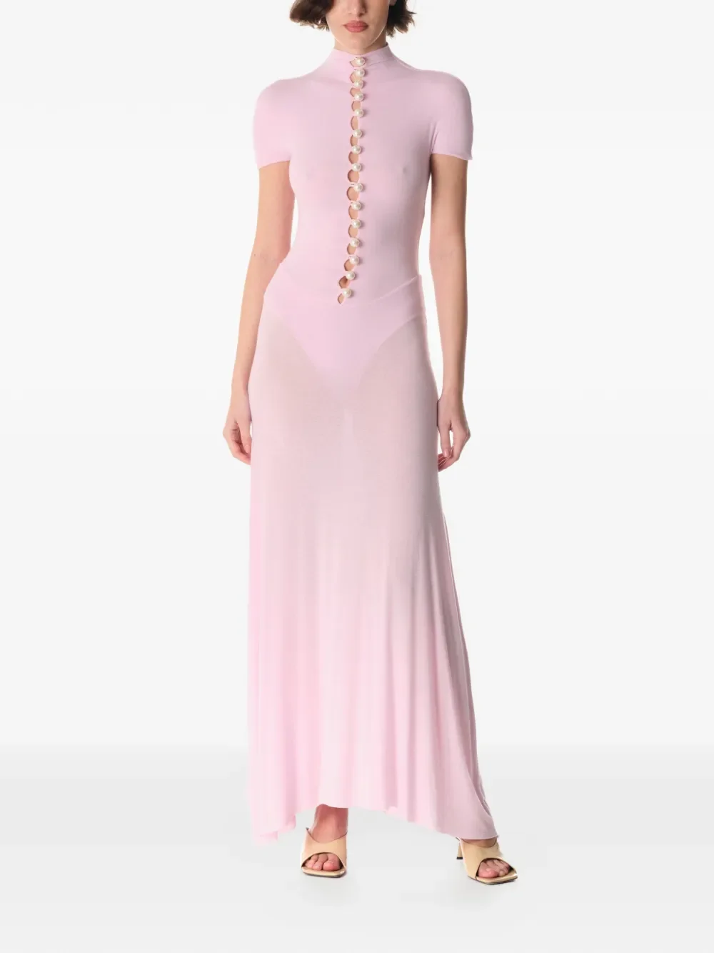 

Elegant Pink Party Dresses High Collar Short Sleeve Chiffon A-line Ankle Length Evening Dress with Fashion Pearl Gown Customized