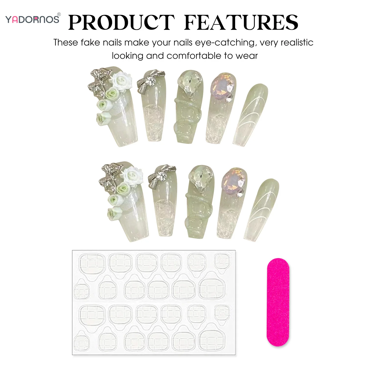 Luz verde unhas postiças artesanais, bailarina longa, borboleta, bowknot, flor, design de strass, manicure wearable, 10pcs