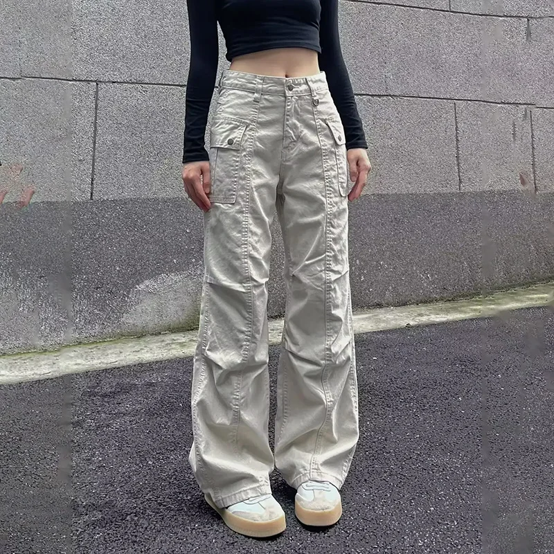 Multi-Pocket Casual Pants Female Straight Cargo Trousers Spring Summer Versatile Solid Color Pants Trendy High Street Trousers