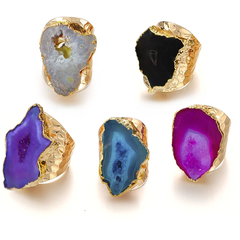 Irregular Geode Stone Agate Slices Wide Open Ring for Women Boho Resizable Finger Jewelry