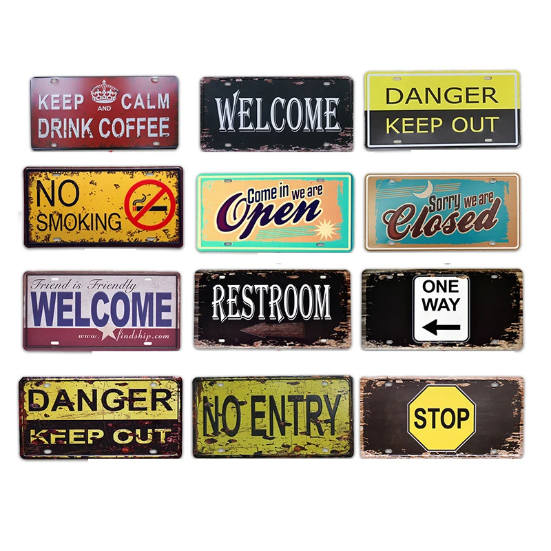 No Smoking No Entry Welcome Restroom 15x30cm Car License Plate Waring Tin Sign Pin Up Wall Decor Vintage Bar Cafe Metal Plaques