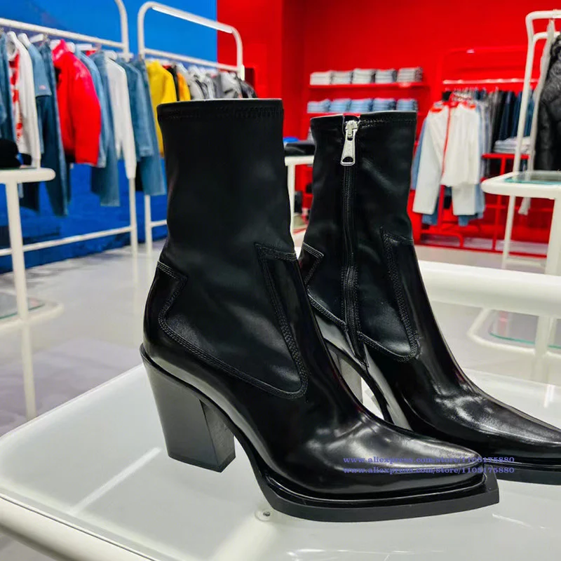 

Black Leather Chunky Heel Ankle Boots Pointed-Toe Stiletto Side Zipper Women's Booties Luxury Designer Boots Botas Mujer