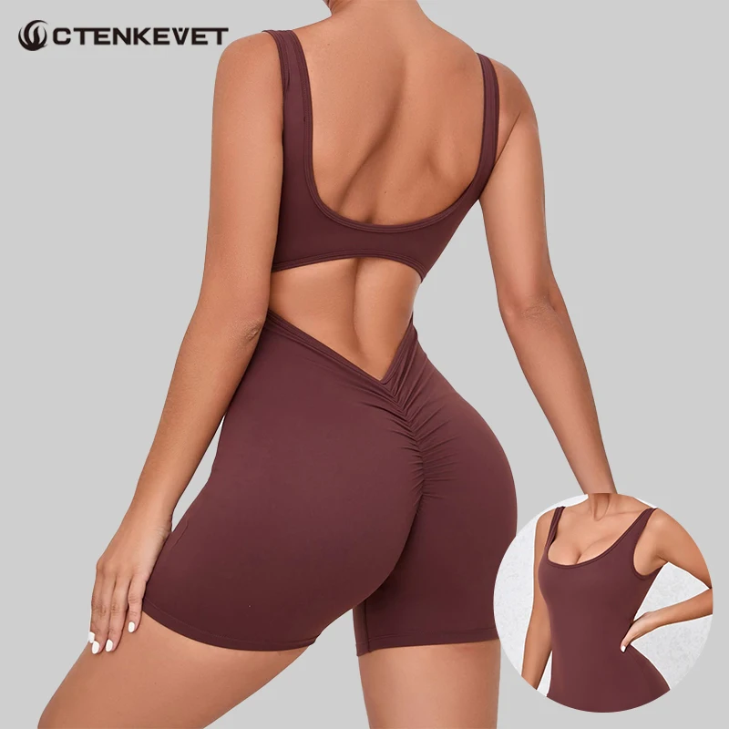 Ctenkeve Soften Gym Overalls Short One-Piece Suit Women Push Up Yoga Set Fitness Activewear Female Back V Scrunch Jumpsuit Women