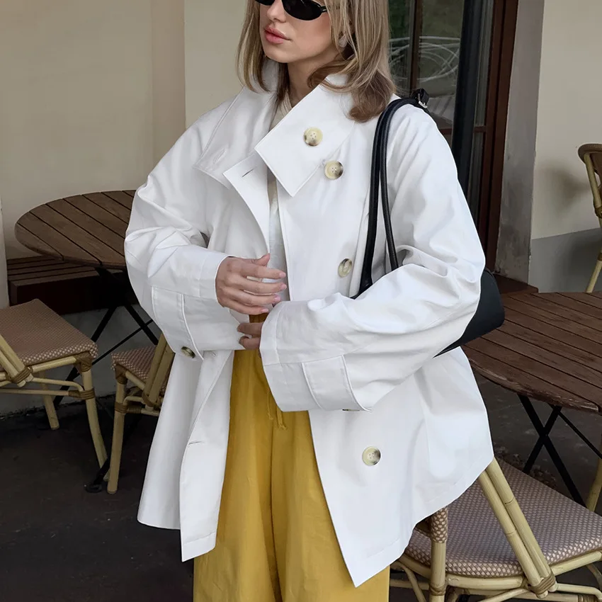 2025 Autumn Winter Mid‑Length Trench Coat Asymmetric Collar Loose Solid Casual Cotton‑Blend Women Outerwear women's trench coat
