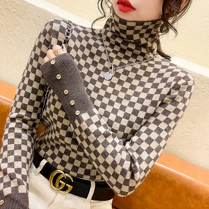 Herbst Winter Neue Mode Plaid Elastische Dünne Pullover frauen Kleidung Vintage Rollkragen Pendeln Weiche Gestrickte Pullover