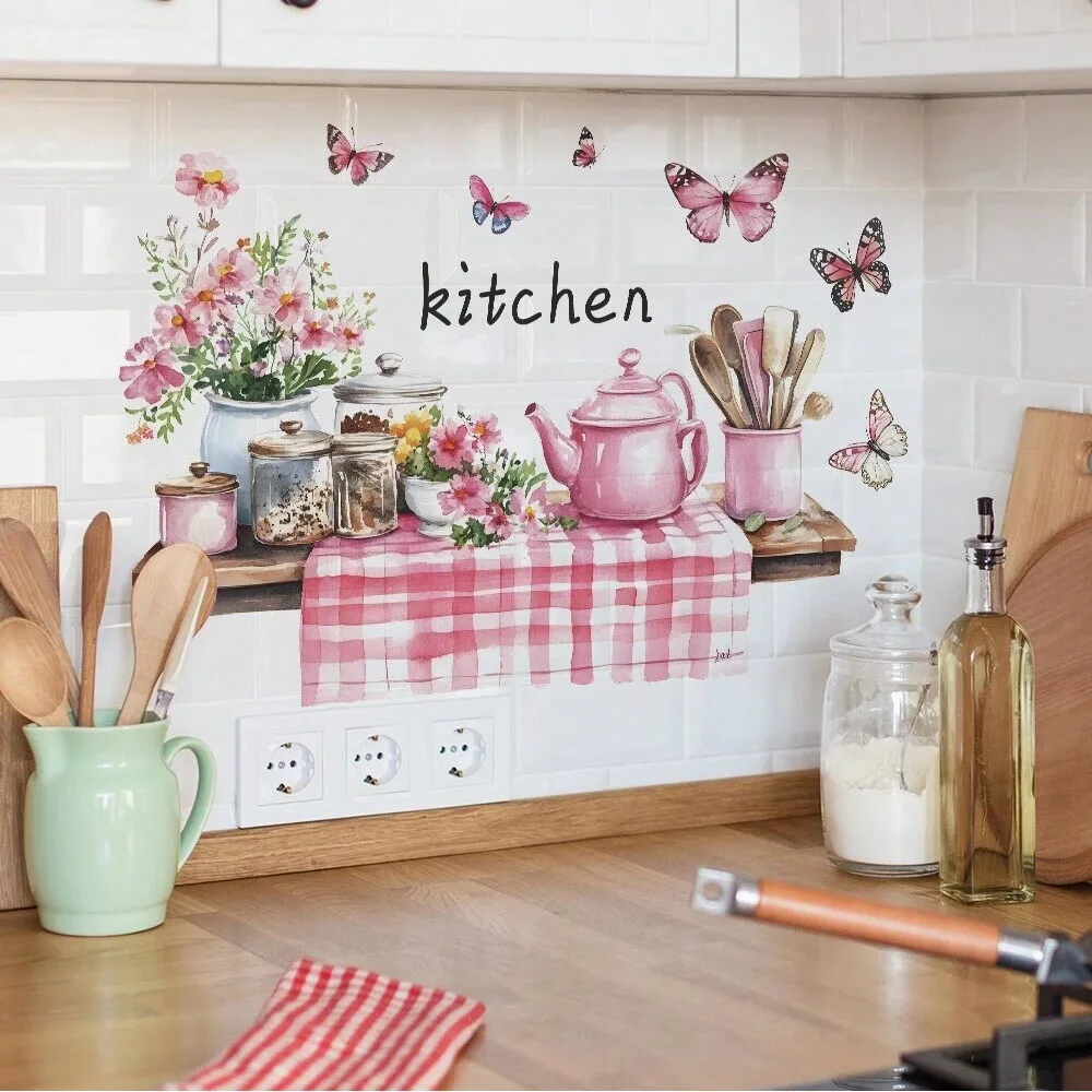 `Watercolor Pink Teapot Floral Butterfly Kitchen Wall Sticker Vintage Kitchenware Vinyl Decal For Tile Backsplash Home Kitchen A