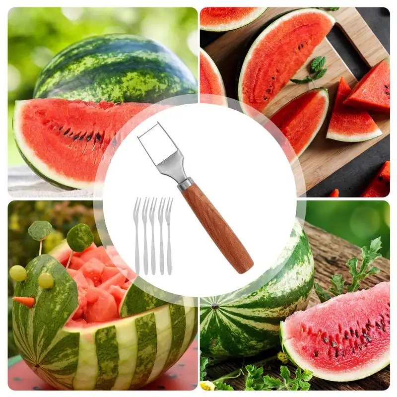 Watermelon Slicer Watermelon Windmill Cutter With 5 Fork Food Grade Fruit Cutting Tools With Wooden Handle Fruit Slicer