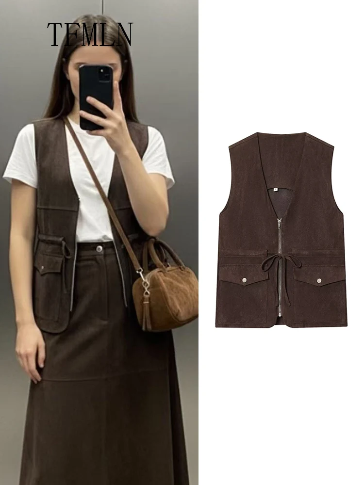 معاطف نسائية غير رسمية بسحاب موضة خريف 2025 على شكل حرف v بدون أكمام برباط أنيق ملابس الشارع الشهير جيوب عتيقة سترات متينة #1