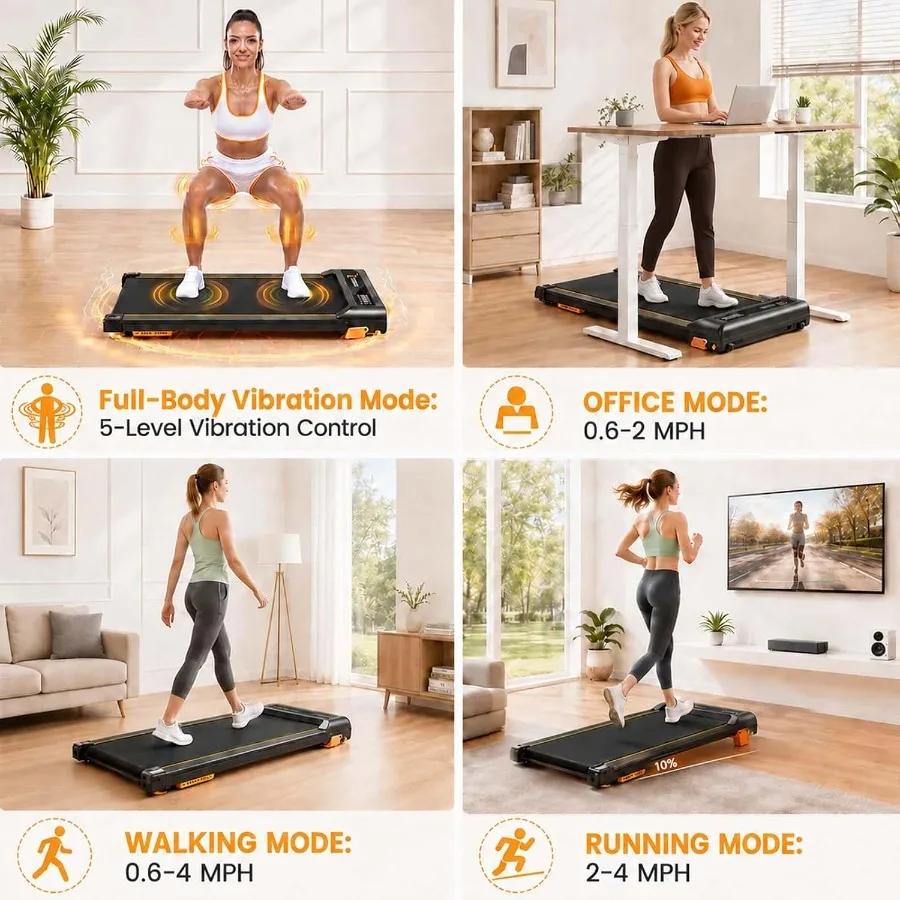 Under Desk Walking Pad with Vibration Plate and 10 Incline for Home Office Use, Steel Frame, Black, Foldable Quiet Operation