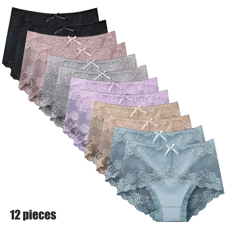 12 Pieces Women\'s Underwear Sexy Lace Panties Female Underpants  Comfy Elegant Briefs Transparent Light Breathable Lingerie