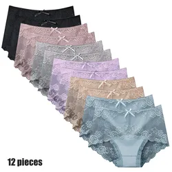 12 Pieces Women's Underwear Sexy Lace Panties Female Underpants  Comfy Elegant Briefs Transparent Light Breathable Lingerie