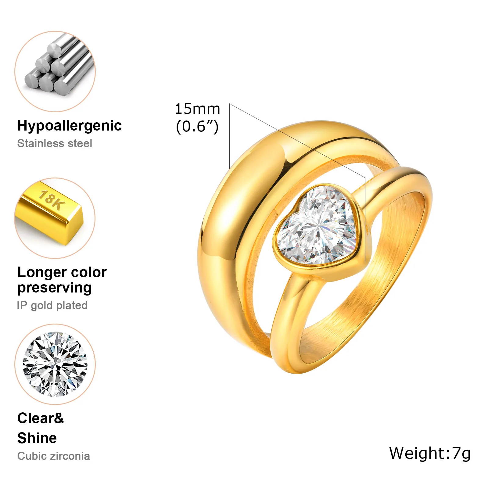 Double-layered Heart Ring, Love Shape Cubic Zirconia Promized Ring for Women, Hypo-allergenic 316L Stainless Steel Jewelry image 3