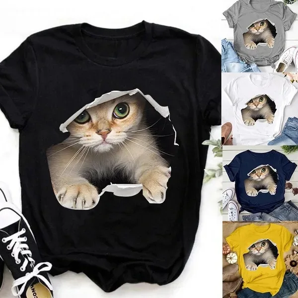 

European and American 2025 Summer New Paper Shattered Cat Printed Pattern Round Neck Short sleeved T-shirt Women's Clothing Tren