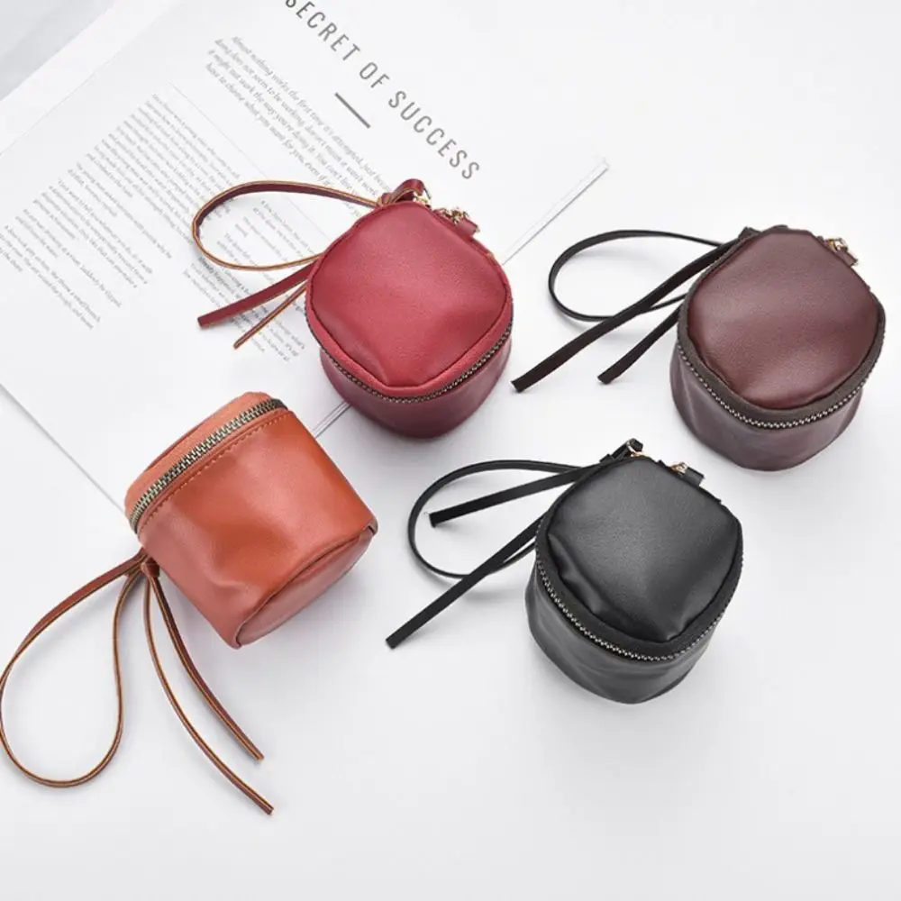 Vintage Leather Mini Coin Purse Zipper Closure Round Shape Earbuds Storage Pouch Portable Lipstick Storage Bag