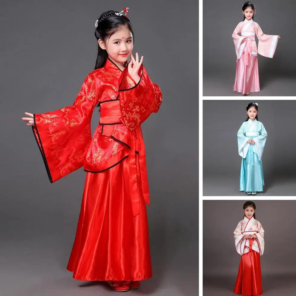 Girls Floral Top Suit Han Chinese Clothing Suit for Girls Wide-sleeves Floral Top Solid Color Long Skirt Wide Waist for Dance