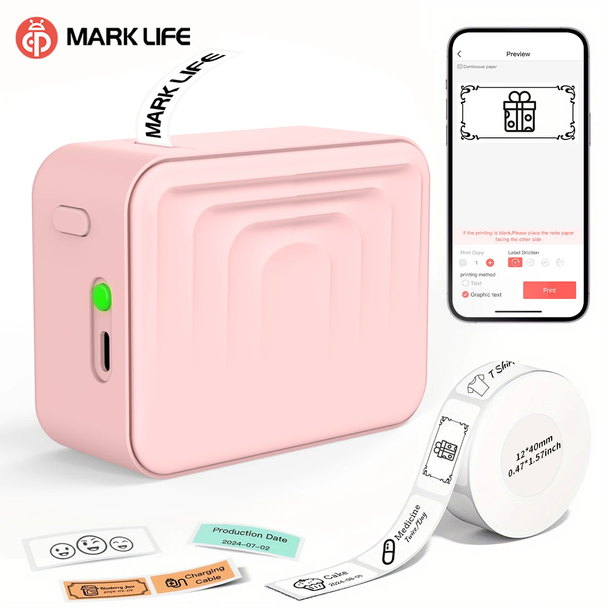 Marklife P15 طابعة ملصقات طابعة حرارية صغيرة محمولة بدون حبر ذاتية اللصق Marklife M1 لملصقات الملصقات مثل D110