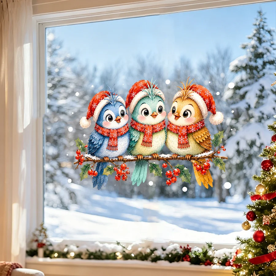 1 Sheet of 45× 60cm Christmas Cute Bird Static Cling Window Stickers, Featuring Christmas Hats, Scarves, and Holly Berry Patterns, Glue-Free and Reusable Christmas Glass Stickers for Holiday Home Decoration