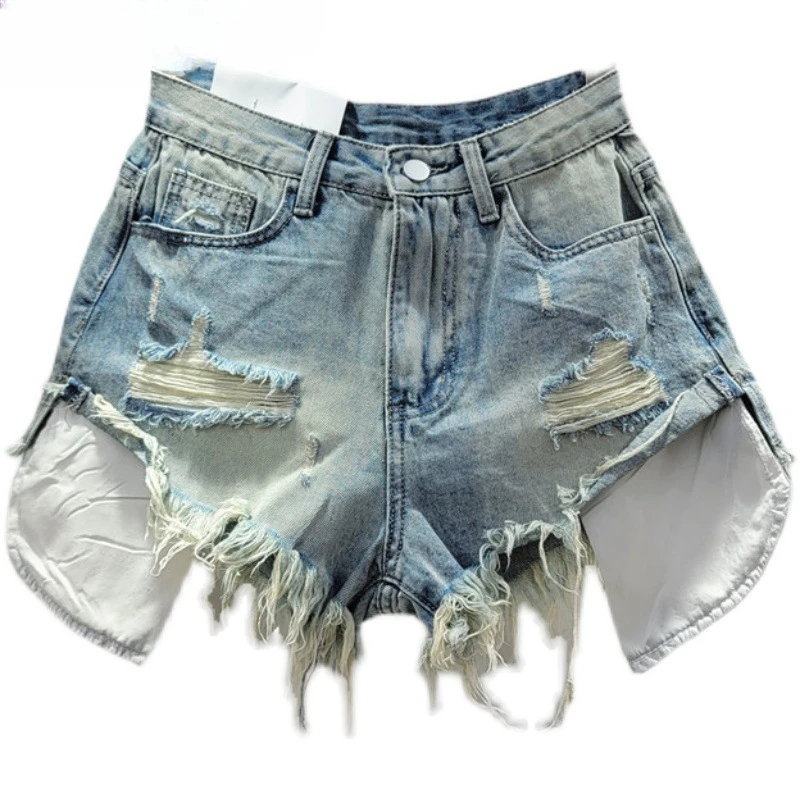 

European Style 2024 Summer New Beggar Ripped Denim Shorts Women's High Waist Slimming Hot Girl A- Line Burr Hot Pants Shorts