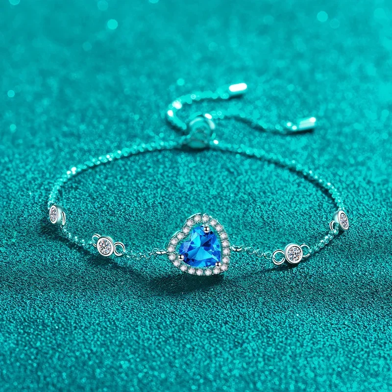 Luxury Platinum PT950 Bracelet for Women Treasure 1ct Blue Moissanite Diamond Love Bracelet Small Fresh Girlfriends Hand Jewelry