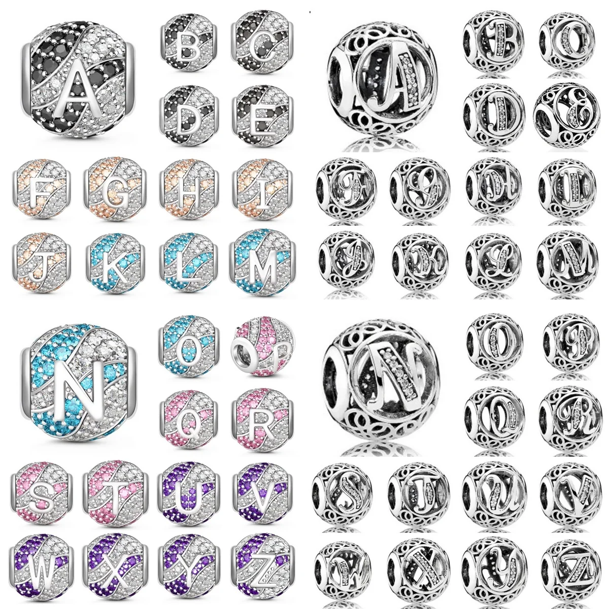925 Silver A-Z Letter Charm Beads Pave CZ & Openwork Alphabet Beads Fit Bracelet for Name Initials Personalized Jewelry Gift