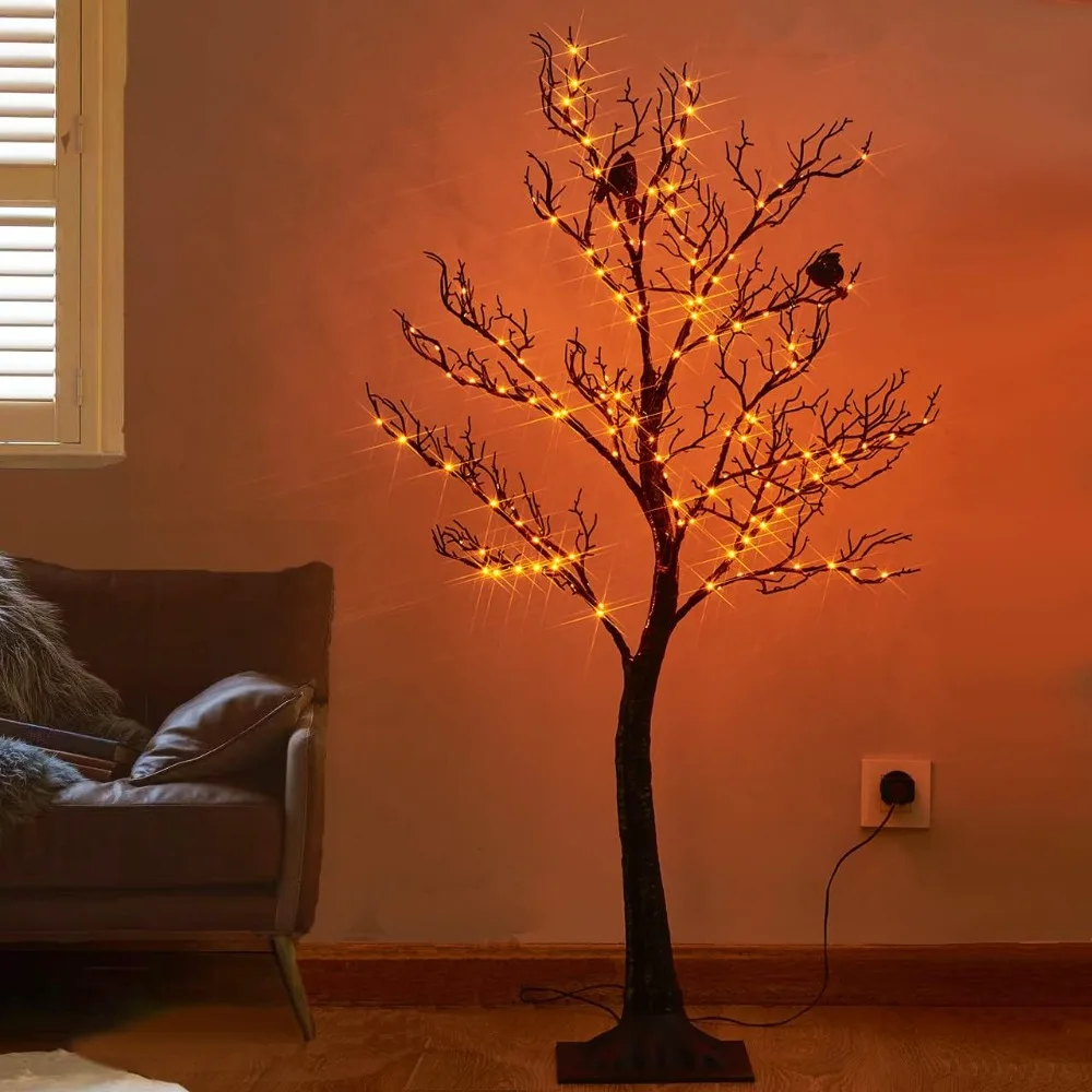 Lighted Halloween Tree with 150 Orange Fairy Lights 4FT, Spooky Black Tree Lights Plug in For Halloween Party Decoration