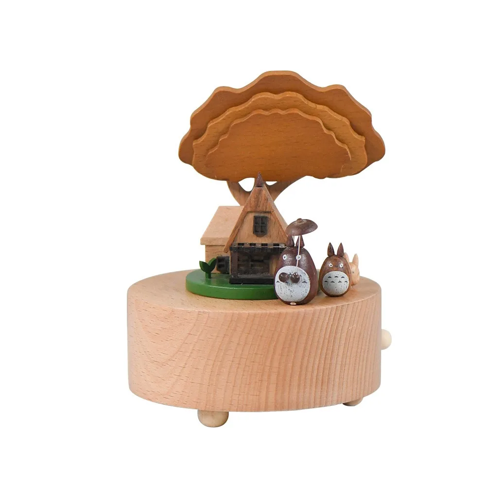 Totoro Cats Under The Big Tree Rotating Music Box Cartoon Wooden Crafts Children's Day Gift Wedding Companion Christmas Gift