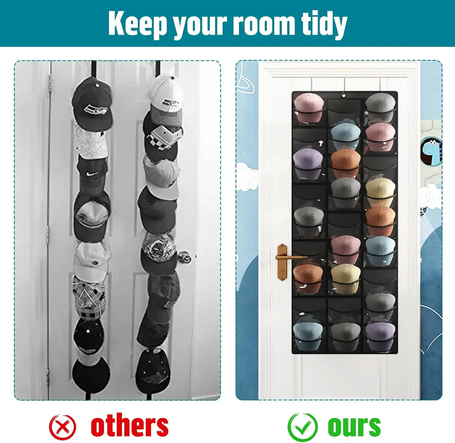 Clear over the Door Hat Rack Organizer with 27 Pockets And 3 Hooks Storage for Baseball Caps And Other Accessories