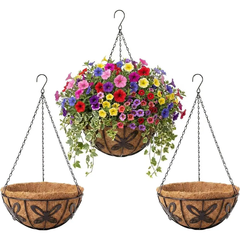 

Set of 3 10-Inch Outdoor Hanging Planters with Coir Liner for Patio, Balcony, and Porch
