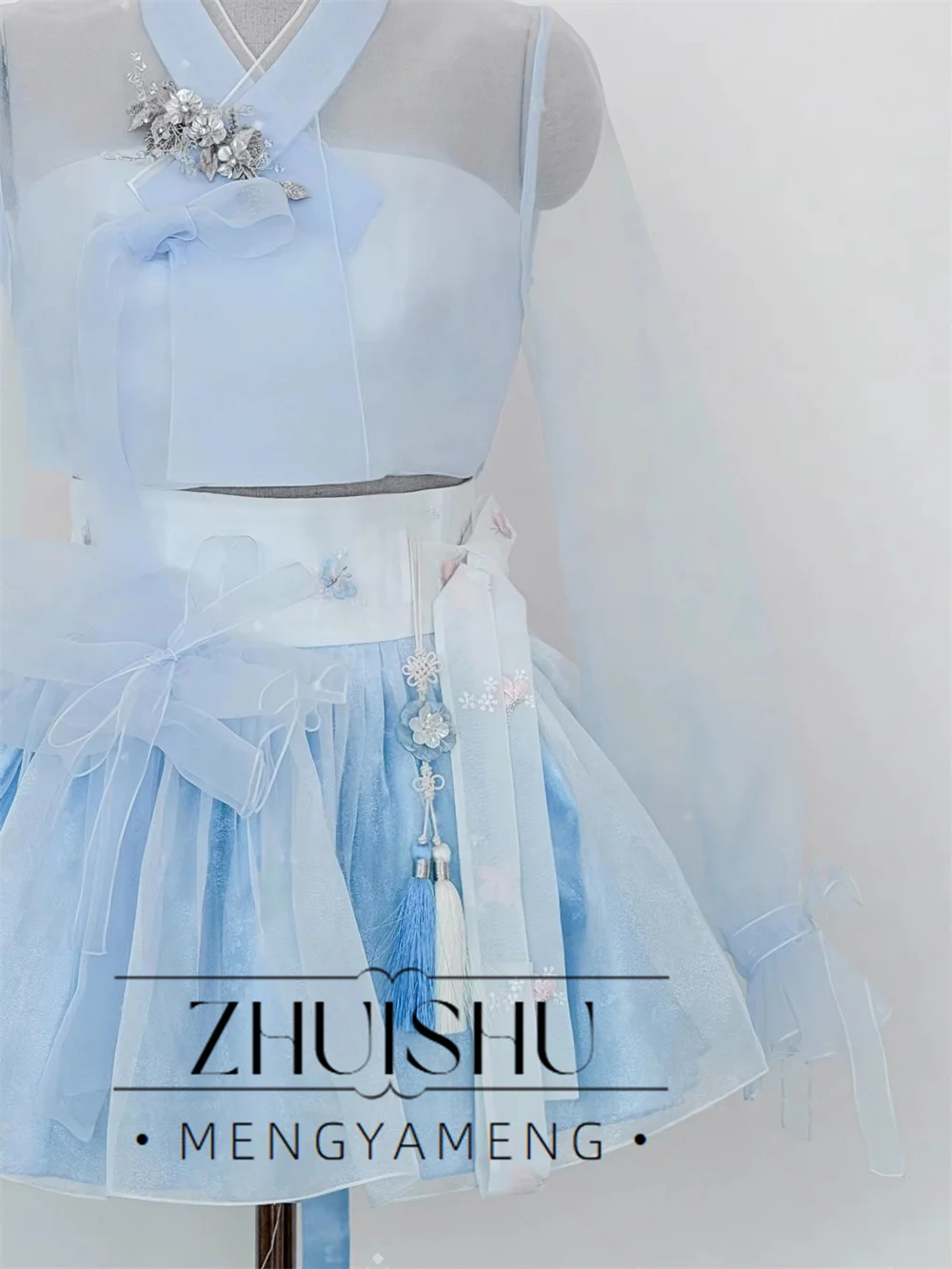 2 Blue Hanbok Mini Dress Korean Traditional Long Sleeves Skirt Set Wedding Photoshoot Party Dress Customized 드레스