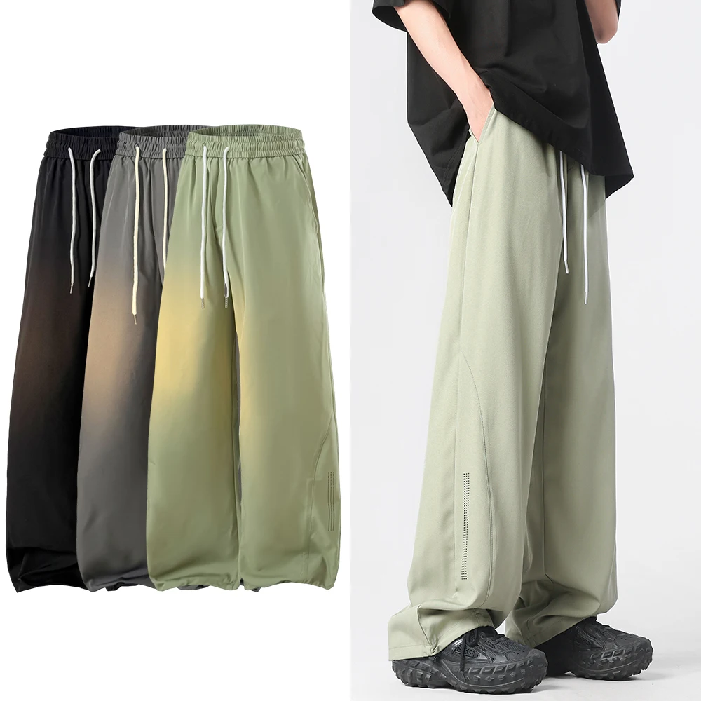 

Новые летние мужские дышащие рабочие брюки из ледяного шелка с лазерной штампованкой, свободные прямые драпированные брюки, брюки десантника