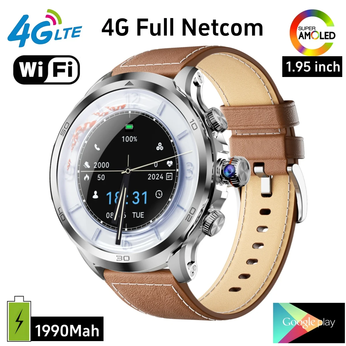 2024 NEW 4G Full Netcom H19 Smartwatch Android system 1.95 inch 720*720 Amoled Screen 190° Rotating Camera Smart Watch GPS WIFI