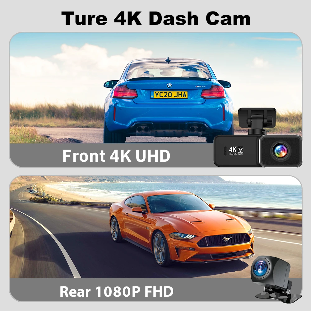 4K Dash Cam WiFi Mini Car DVR Camera Front and Rear Dual Lens Video Recorder Support GPS 24H Parking Mode Night Vision Black Box