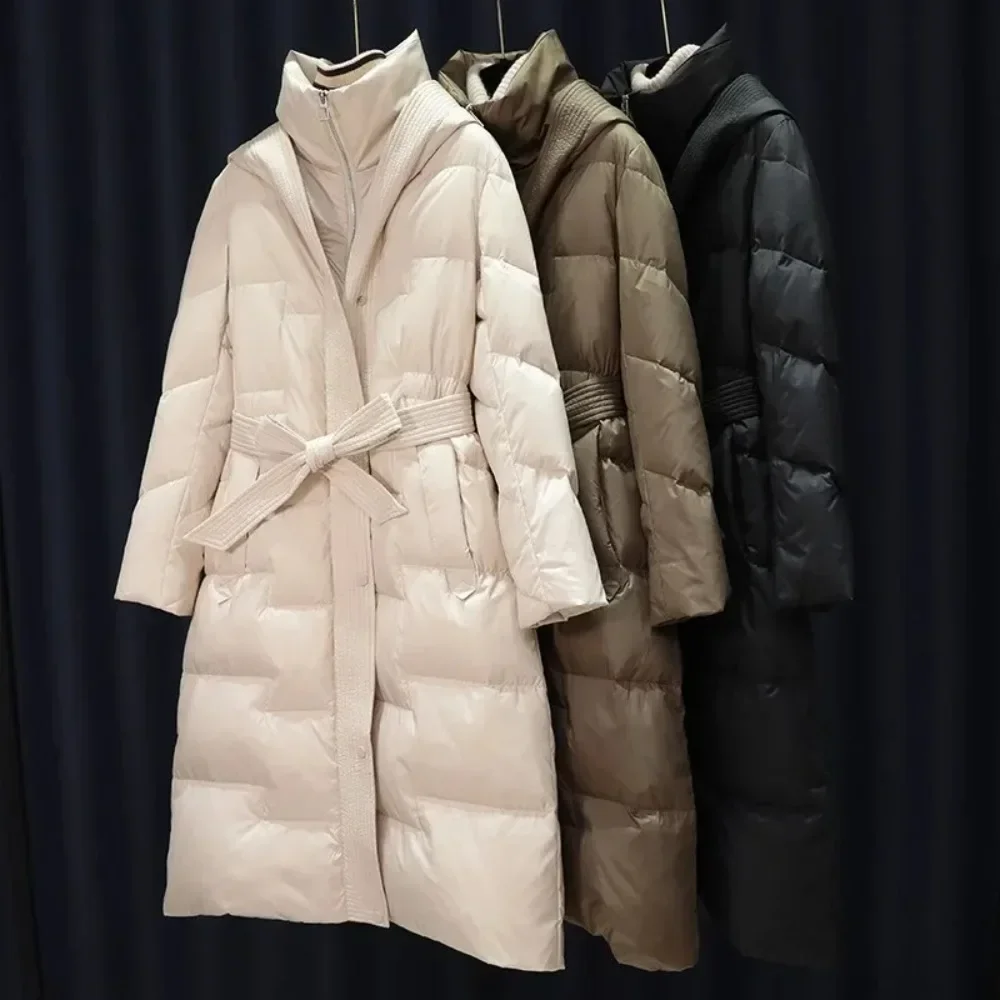 Fashion Casual New Winter Women Thick Warm Coat White Duck Down Long Jacket with Belt Luxury Slim Parka Hooded Outerwear Female