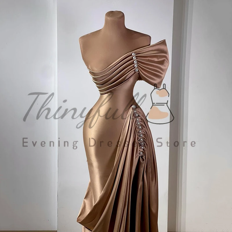 Thinyfull Sexy Mermaid Prom Evening Dresses One Shoulder Pearls Satin Night Party Dress Women Cocktail Prom Gowns Customized image 2