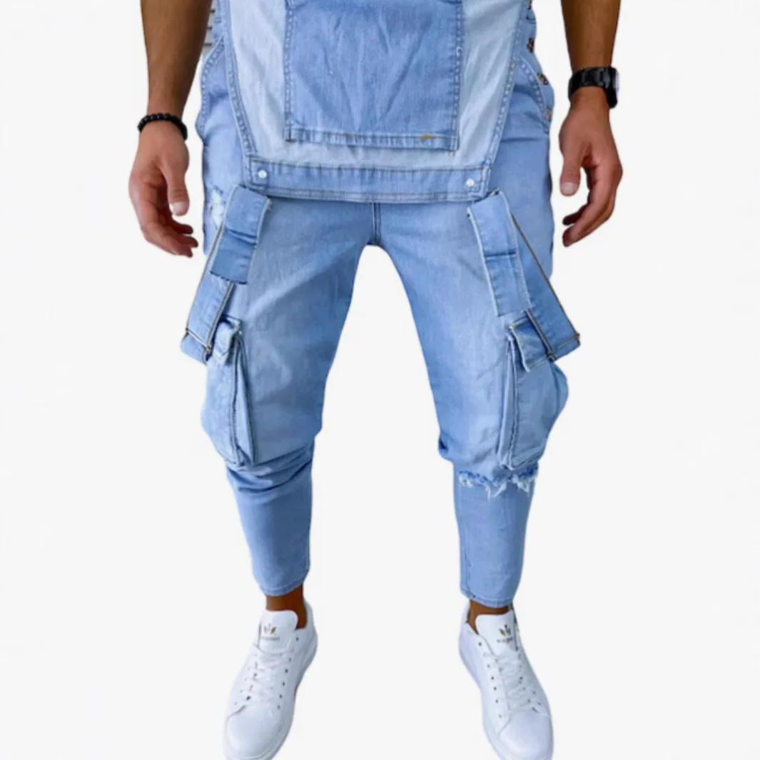 Men's Blue Denim Overalls Trendy Fashion Ripped High Street Denim Overalls