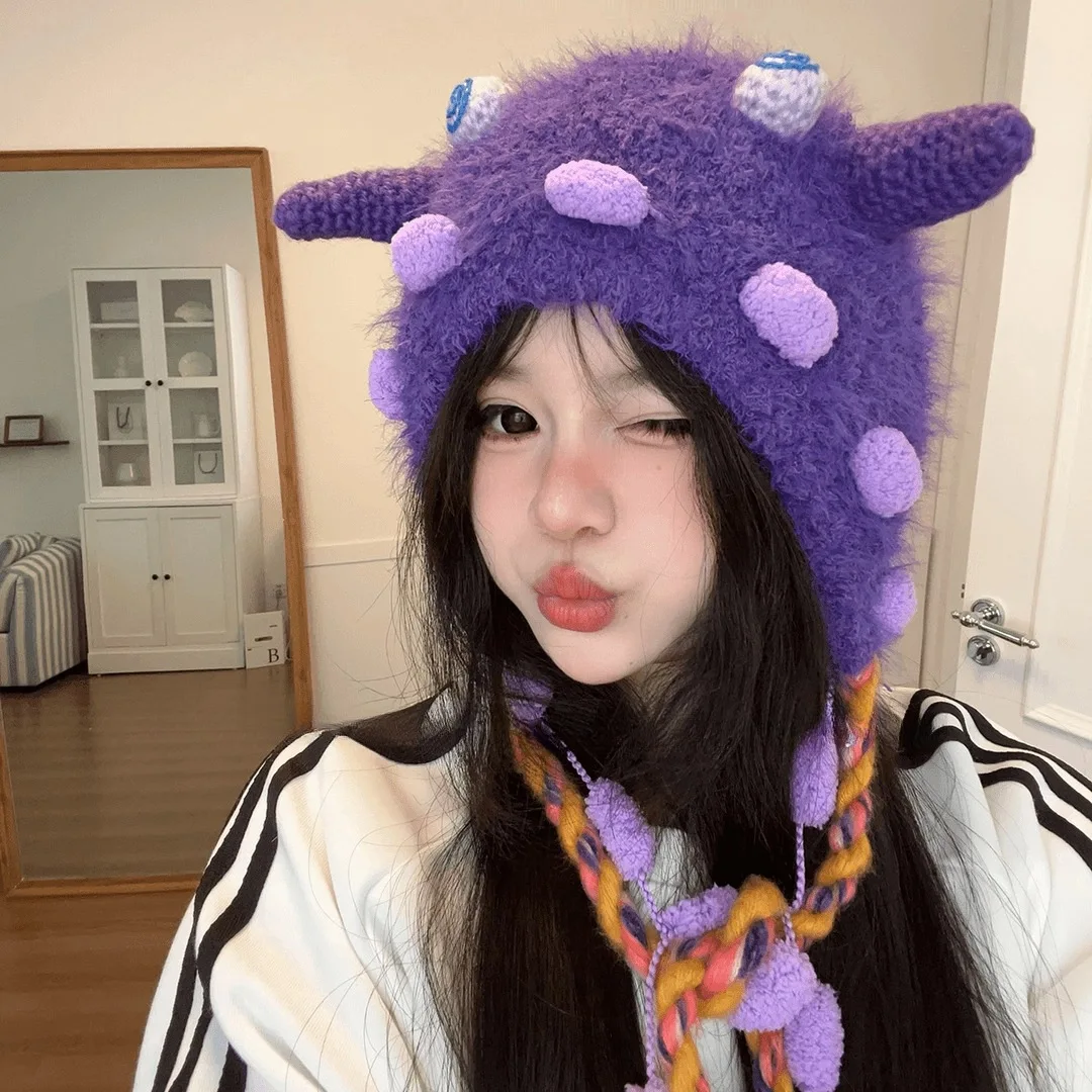 

funny monster plush hooded hat for girls with large head circumference and ear covering soft woolen winter hat cute and warm