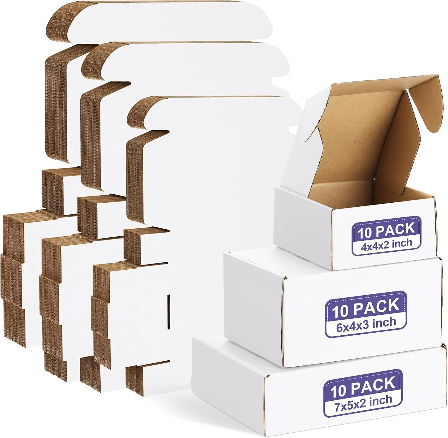

30 Pack Small Shipping Boxes Assorted Sizes, 4x4x2, 6x4x3, 7x5x2-10 PCS Each White Corrugated Mailers for Packaging Mailing