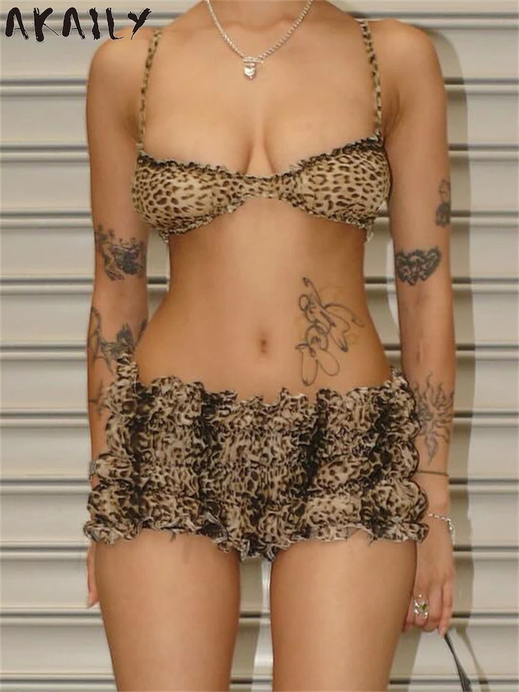 Akaily Summer Leopard Print Beach 2 Piece Set Vacation Party Outfits Women 2024 Sexy Ruffles Camisole And Shorts Matching Set