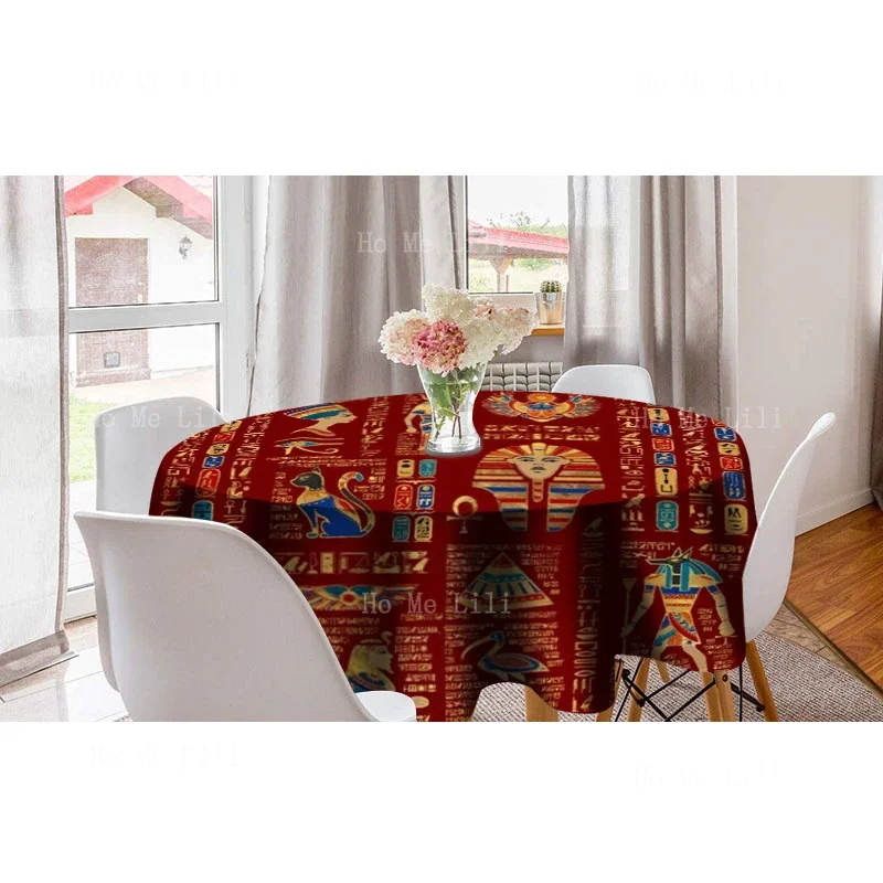 Red Poster Of Egyptian Cultural Hieroglyphics And Deities Round Tablecloth Decorated The Kitchen