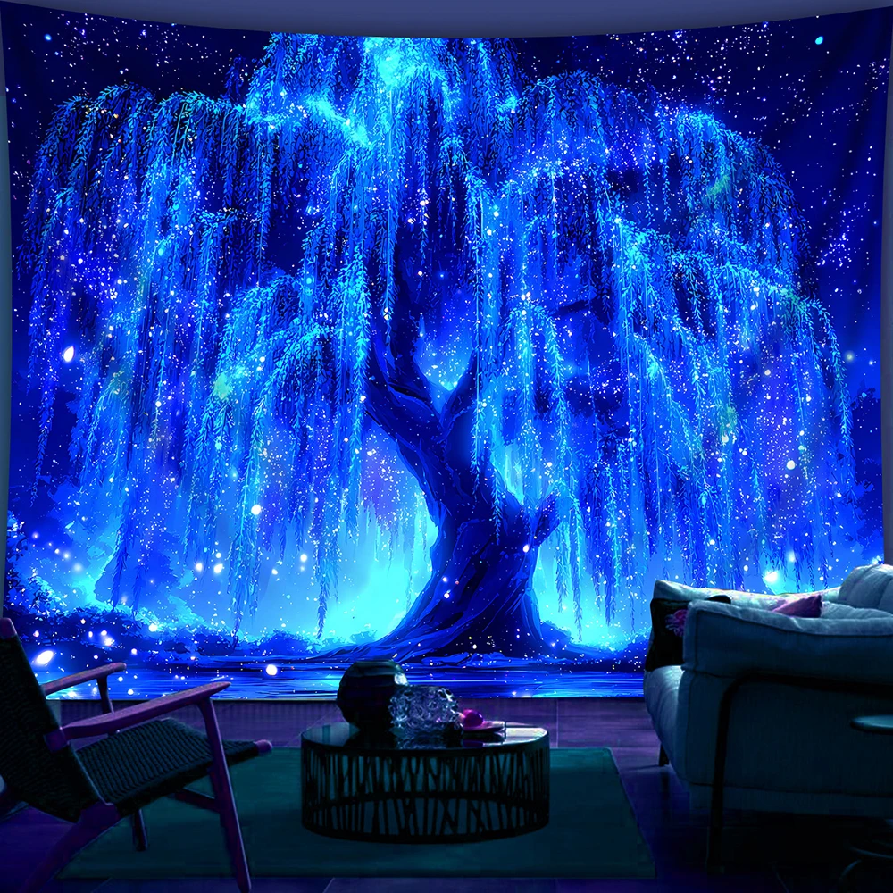 1pc Glowing Willow Tree Blacklight Tapestry, Starry Night Forest UV Reactive Wall Hanging for Bedroom Living Room Home Decor