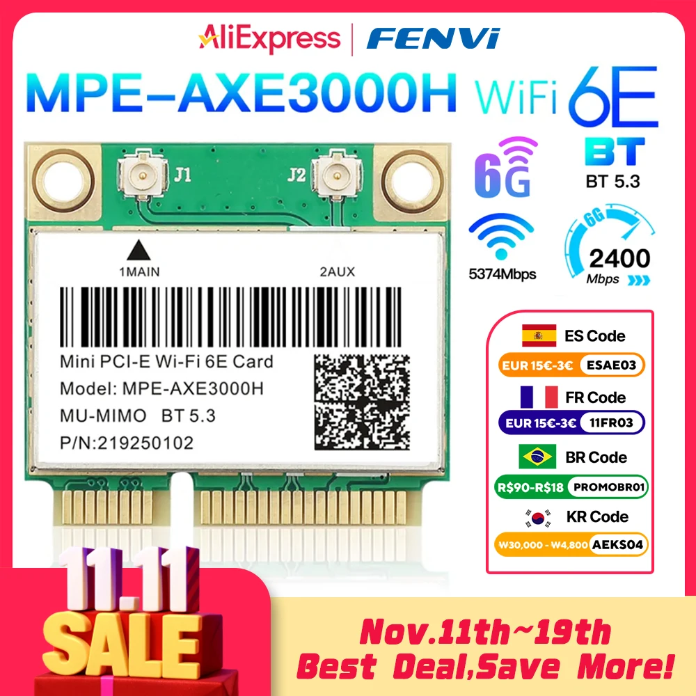 

WiFi 6E 5374 Мбит/с AX210 Беспроводная мини PCI-E WiFi карта для Bluetooth 5,3 802.11AX 2,4G/5G/6 ГГц Wlan сетевая карта адаптер для Win10