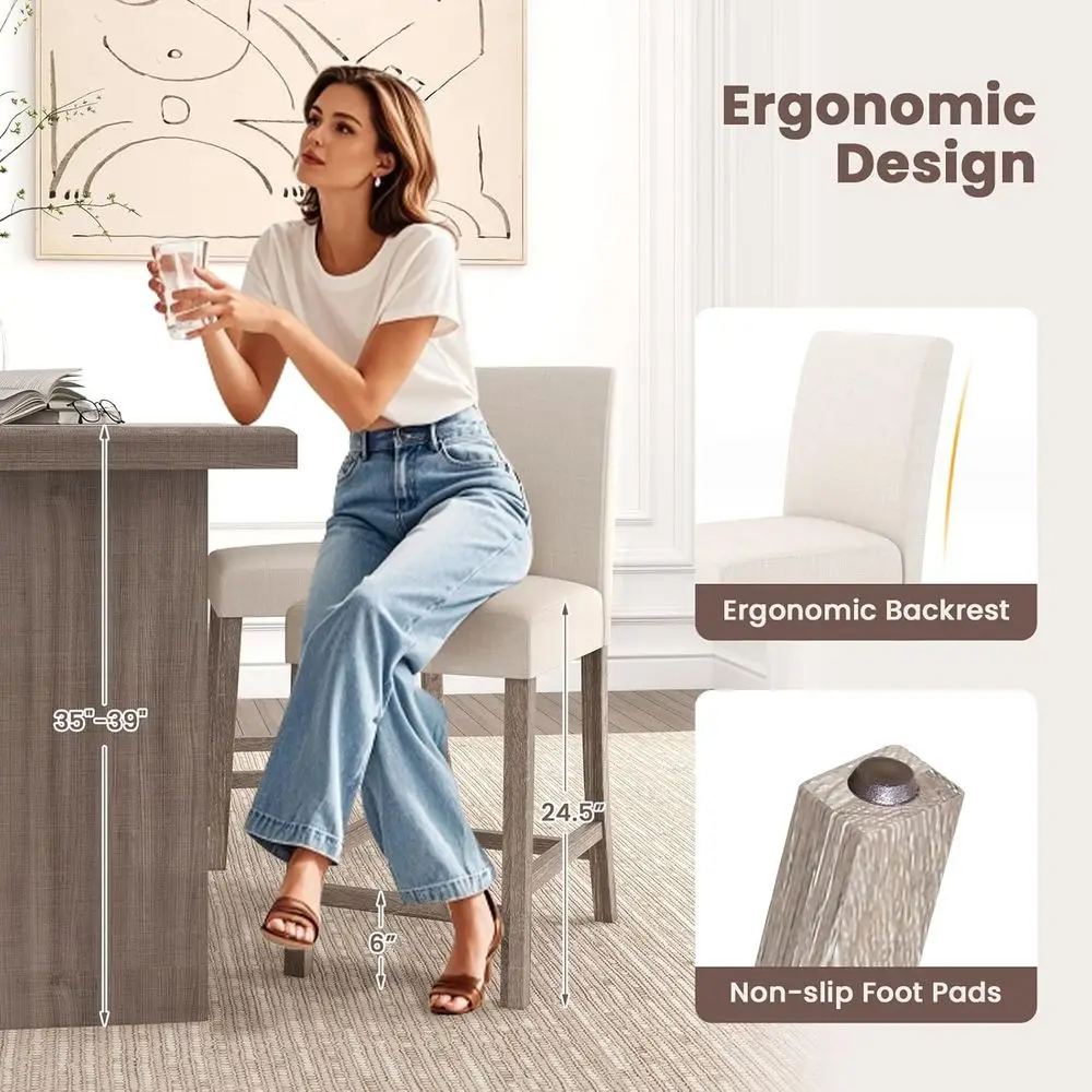 Juego de 2 24,5 taburetes de bar tapizados en color beige con patas de caucho para uso en cocina, comedor y bar