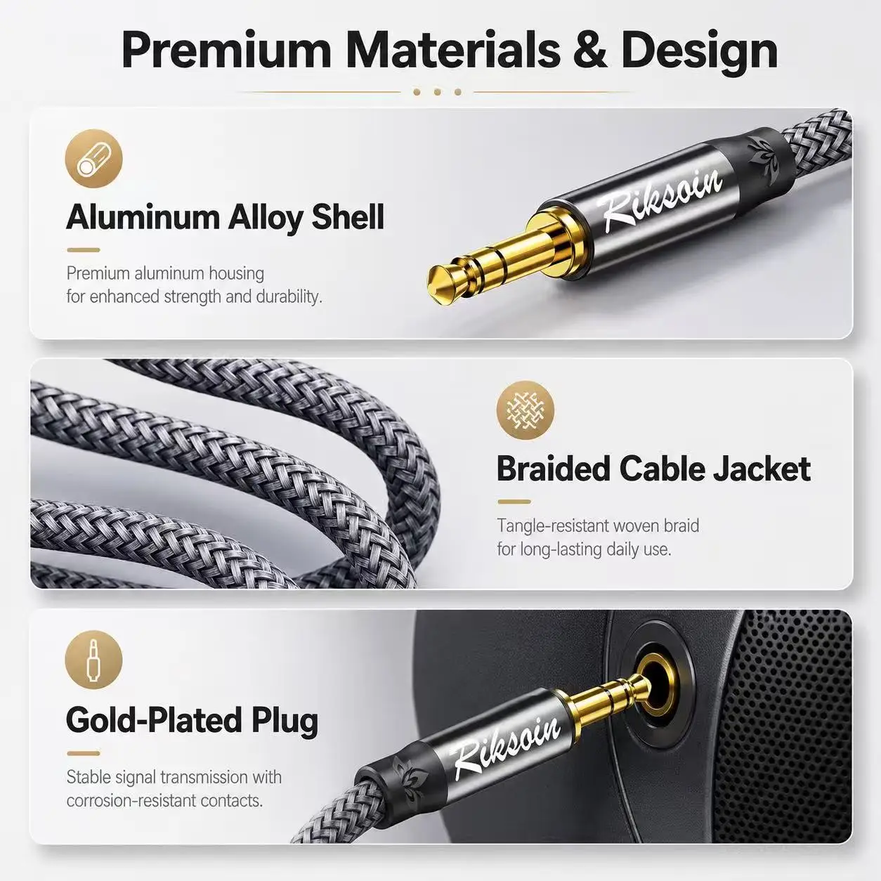 Riksoin 3.5mm to 3.5mm Audio Cable Male to Male AUX Cord Hi-Fi Stereo Nylon Braided Jack for Car Speaker Headphones Phone