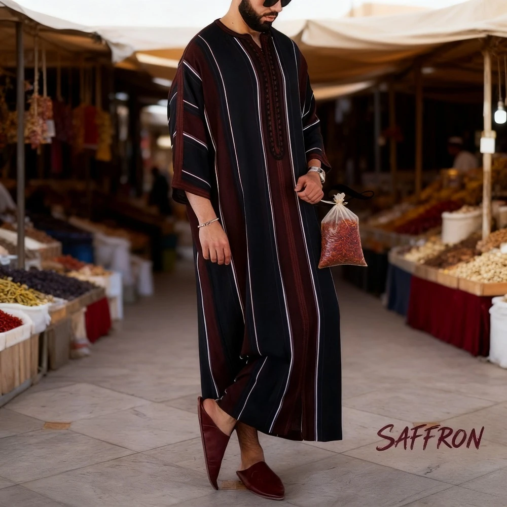 

Men's Black Striped Printed Arab Robe Lightweight and Loose Muslim Robe Islamic Casual and Cultural Clothing Muslim Robe