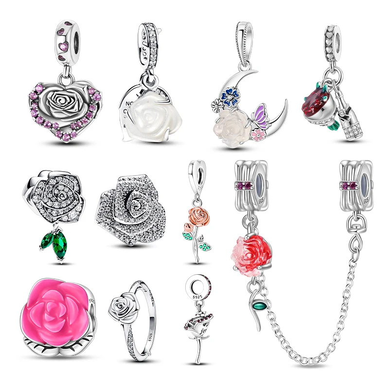 2024 New in 925 Silver Rose Series Charm Beads Fit Original Pandora Charms Bracelet Bangle DIY Gift Jewelry Charm Rings Hot Sale