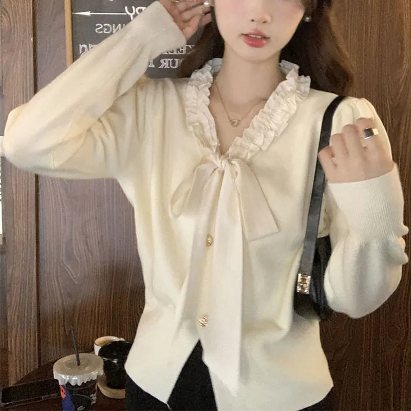 

Autumn Winter Sweet Bandage Bow Shirt Stylish Folds Spliced Women's Clothing Korean Slim Solid Color All-match Knitted Blouse