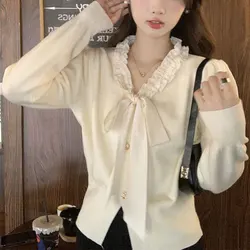 Autumn Winter Sweet Bandage Bow Shirt Stylish Folds Spliced Women's Clothing Korean Slim Solid Color All-match Knitted Blouse