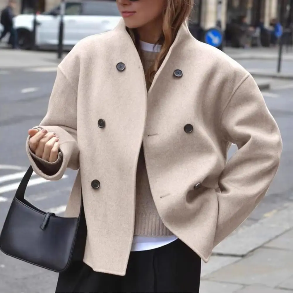 Women's Winter Cropped Wool Coat Double Breasted Woolen Coat, Casual British Style Women Winter Overcoat Office Lady Short Coat