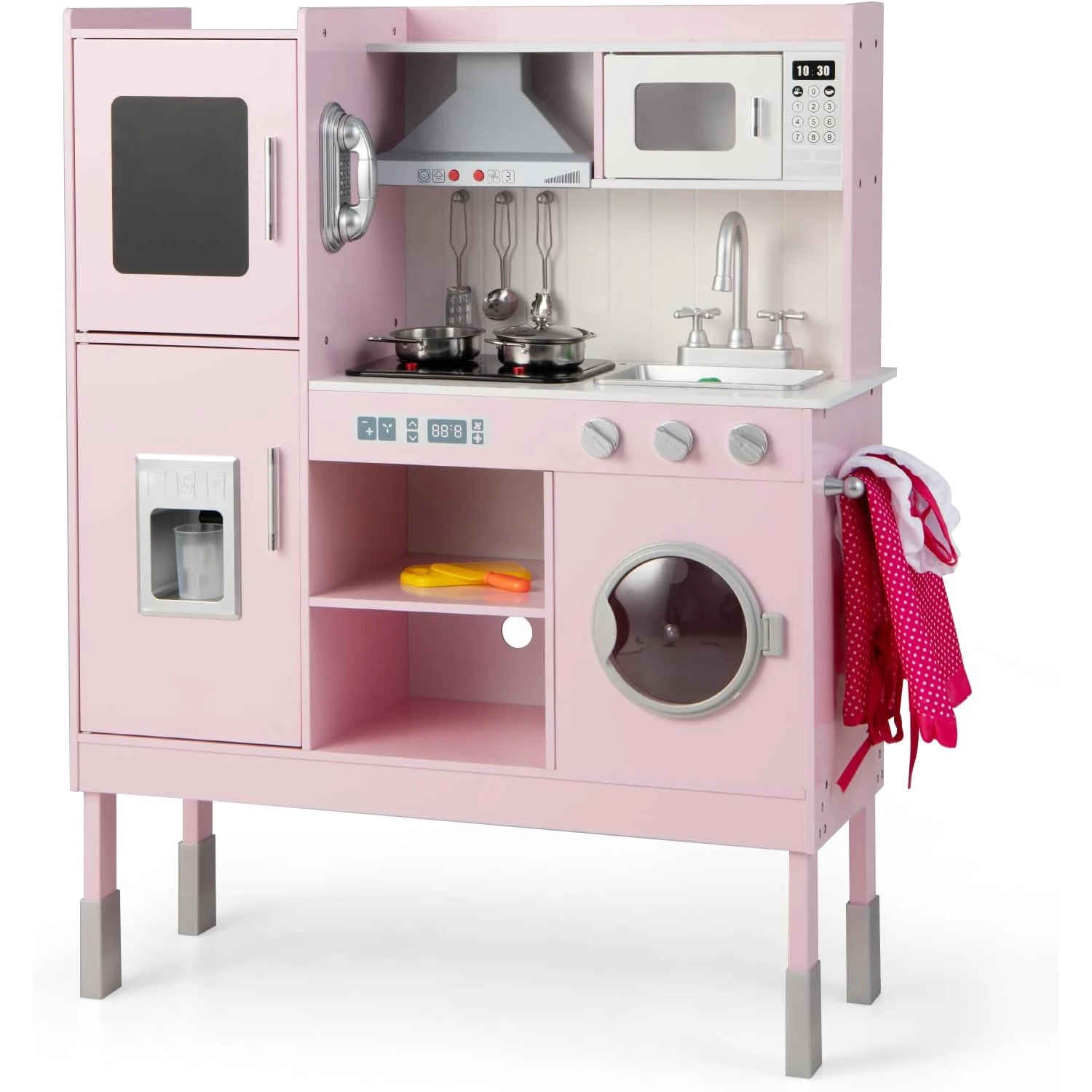Cocina infantil con 16 accesorios de juego, cocina de juego de madera que incluye campana extractora, máquina de hielo, teléfono y lavadora