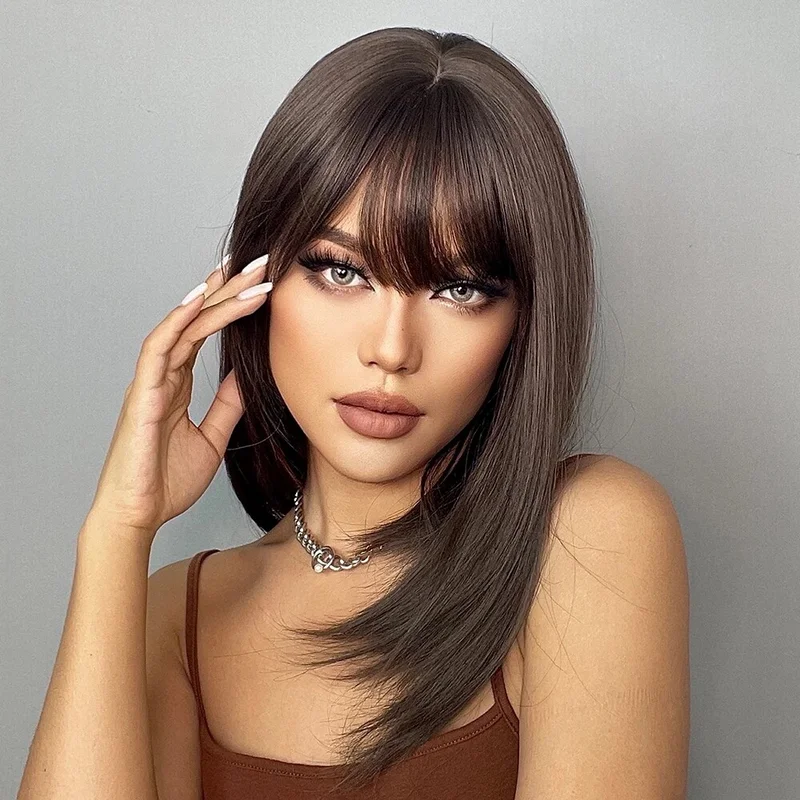 Straight Brown Short Bob Cut Human Hair Wigs With Bangs Heat Resistant No Lace